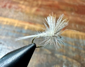 May include: A white fly fishing lure with a gold hook and a black handle.