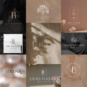 May include: A collection of ten distinct white logo designs featuring various typography, line art illustrations of botanical elements, shells, and abstract monograms, presented in a grid layout against diverse neutral-toned backgrounds.