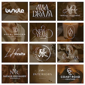 Puede incluir: Un collage de 12 diseños de logotipos diferentes que presentan varias fuentes y estilos. Los logotipos se colocan sobre un fondo de tonos marrones y beige. Los logotipos incluyen texto como "Bundle Leisure", "Ava Dram Photography", "Hotel Drover", "New Year", "L&H Crafts", "Wellness", "The Beautiful Life", "MR Natalie and Randy Morrell", "em Interiors" y "Coast Road Couture".