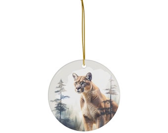 Mountain Lion Perched Ceramic Ornament