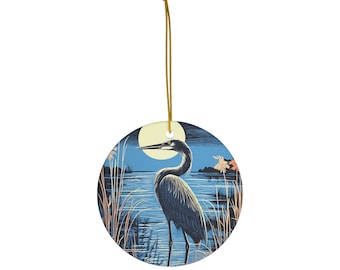 Blue Heron Moonlight Ceramic Ornament