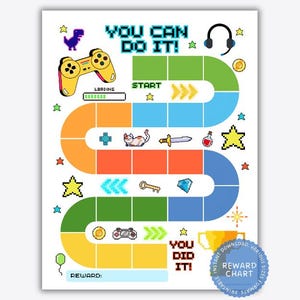 May include: A colorful printable reward chart with a video game theme. The chart features a game controller, a loading bar, a start button, and a path with arrows. The text "You Can Do It!" and "You Did It!" are featured on the chart.