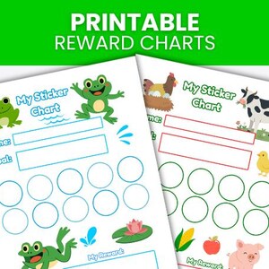 Op de afbeelding: Twee afdrukbare beloningskaarten met kleurrijke illustraties. Eén kaart toont kikkers, een waterlelie en de tekst "My Sticker Chart". De andere kaart bevat een koe, kip en varken. De kaarten hebben ruimte voor namen, doelen en beloningen.