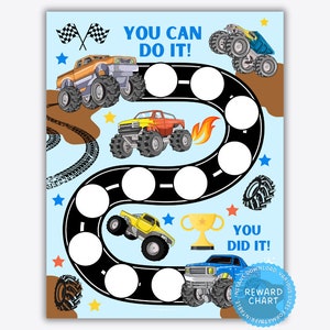 May include: A light blue reward chart featuring cartoon monster trucks on a race track. The chart includes the text "YOU CAN DO IT!" and "YOU DID IT!" along with a trophy and checkered flags. The chart is designed to be printable.