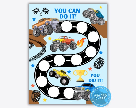 Printable Monster Truck Reward Chart, Boys Behavior Chart, Sleeping Chart, Potty Training Chart, Truck Sticker Chart, Prize Chart Download
