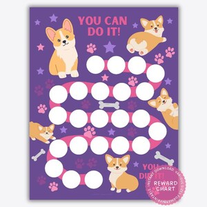 May include: Purple printable reward chart with a paw print path and a dog theme. The chart says "You Can Do It!" and features a variety of cartoon dogs.