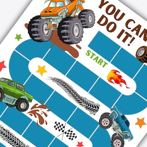 May include: A blue and white monster truck game board with the words "You Can Do It!" at the top. The board has a start space and a finish space. There are also spaces for players to move their monster trucks around the board. The board is decorated with monster trucks, tires, and flames.