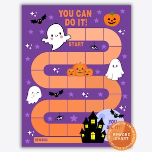 Puede incluir: Un gráfico de recompensas imprimible con temática de Halloween con un fondo morado. El gráfico presenta un tablero de juego con un camino hecho de cuadrados naranjas e ilustraciones de fantasmas, calabazas y arañas. El texto "You Can Do It!" está en la parte superior del gráfico.