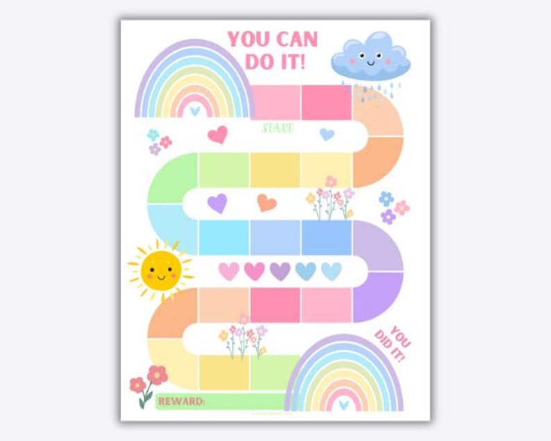 May include: A colorful reward chart with a rainbow, cloud, and sun illustrations. The text "YOU CAN DO IT!" and "YOU DID IT!" are at the top and bottom. The chart has a path with spaces for rewards.