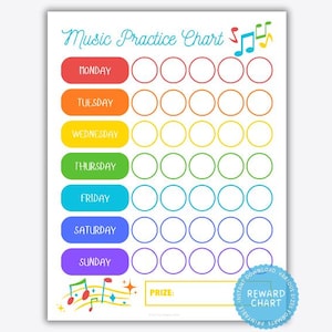 May include: A colorful music practice chart with the title "Music Practice Chart" at the top. The chart features a rainbow of colors for each day of the week, with circles for tracking practice sessions. Includes a section for a prize.