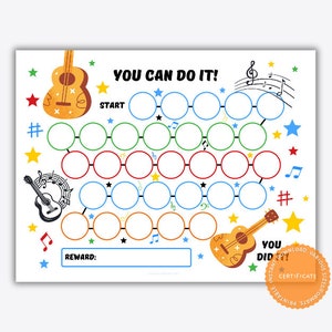 May include: A printable chart with a musical theme. The chart has a path of circles to color in, with a guitar at the start and finish. The text "You Can Do It!" is at the top of the chart. The text "Reward:" is at the bottom of the chart.