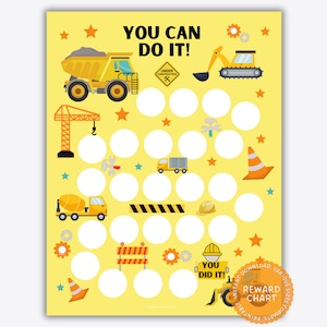 Könnte beinhalten: Eine gelbe Belohnungstabelle zum Thema Bau mit dem Text "You Can Do It!" und "You Did It!" Die Tabelle hat 25 Kreise für Sticker oder Stempel. Es gibt verschiedene Bilder zum Thema Bau um die Kreise herum, darunter ein Kipplaster, ein Kran, ein Bagger, ein Betonmischer, ein Baustellenkegel, ein Helm und ein Straßenschild.