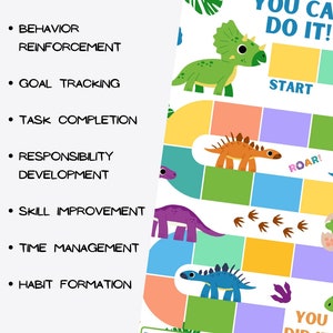 Puede incluir: Un tablero de juego colorido con tem&aacute;tica de dinosaurios con el texto "You Can Do It!" y "You Did It!" El tablero presenta un camino con casillas de diferentes colores e ilustraciones de dinosaurios. El tablero de juego est&aacute; dise&ntilde;ado para ayudar a los ni&ntilde;os a aprender sobre el refuerzo del comportamiento, el seguimiento de objetivos, la finalizaci&oacute;n de tareas, el desarrollo de la responsabilidad, la mejora de las habilidades, la gesti&oacute;n del tiempo y la formaci&oacute;n de h&aacute;bitos.