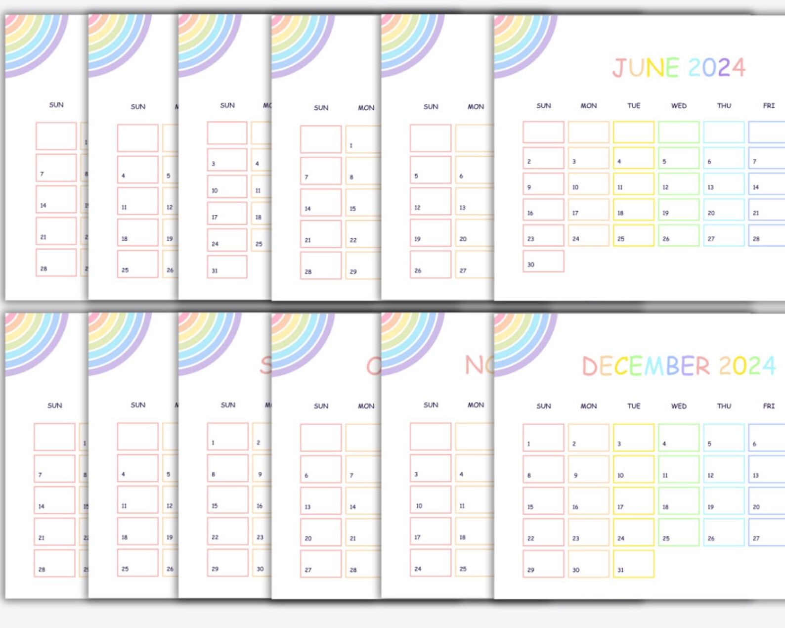 Printable Rainbow Calendar 2024 Cute Printable Calendar - Etsy