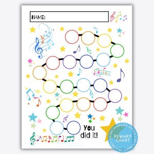Puede incluir: Un gráfico de recompensas imprimible con un tema musical. El gráfico presenta un camino colorido de círculos conectados por líneas. El camino está decorado con notas musicales y estrellas. El texto "You did it!" está en la parte inferior del gráfico.