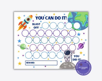 Tabla de recompensas imprimible del espacio exterior para niños, tabla de entrenamiento para ir al baño para niños pequeños, tabla de pegatinas de astronautas para el aula, tabla de comportamiento para niños