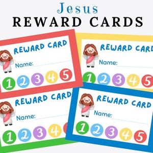 May include: Colorful reward cards with the text "Jesus REWARD CARDS". Each card features an illustration of Jesus, a space for a name, and numbered circles. The cards have red, yellow, green, and blue borders.