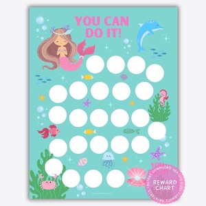 Könnte beinhalten: Eine türkisfarbene Belohnungstafel mit einer Meerjungfrau, einem Delfin und anderen Meereskreaturen. Die Tafel hat 28 leere Kreise für Aufkleber und den Text "YOU CAN DO IT!" in Pink. Ein rosa Aufkleber unten sagt "REWARD CHART".
