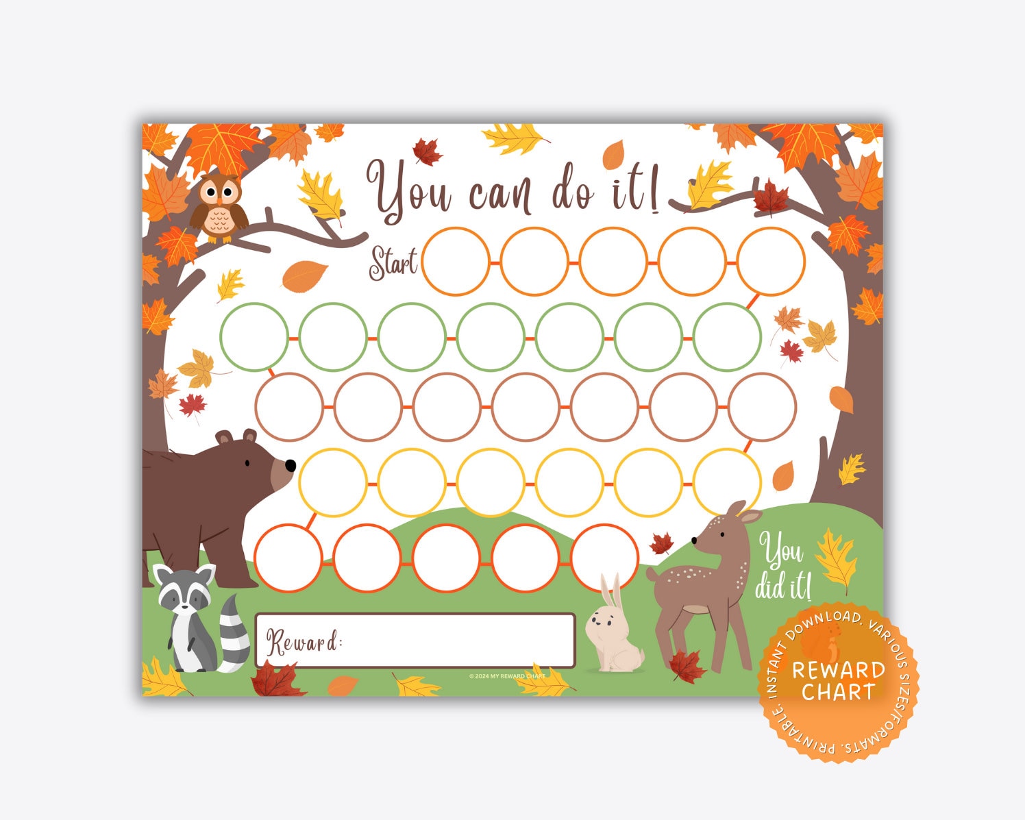 Printable Fall Reward Chart for Kids, Woodland Animal Sticker Chart for