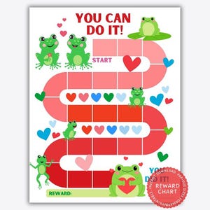 以下が含まれることがあります： 緑色のカエルと「You Can Do It!」というテキストが書かれた、印刷可能な報酬チャート。チャートには、ハートが描かれた赤とピンクの道と、報酬のためのスペースがあります。