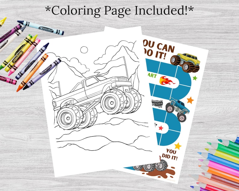 May include: A black and white coloring page of a monster truck driving through a mountainous landscape. A separate page features a blue and white monster truck game board with the text "You Can Do It!" and "You Did It!"