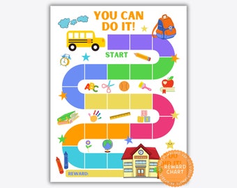 May include: A colorful printable reward chart for kids featuring a school bus, a backpack, a pencil, a ruler, a globe, a schoolhouse, and the words "You Can Do It!" and "Reward".