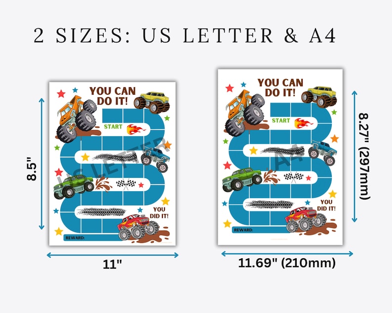May include: A printable monster truck game board in two sizes: US Letter (8.5 inches by 11 inches) and A4 (8.27 inches by 11.69 inches). The board features a blue track with yellow stars, a red finish line, and a monster truck graphic.