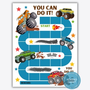 May include: A blue and white monster truck reward chart with the text "You Can Do It!" and "You Did It!"  The chart features a monster truck race track with tyre tracks and a finish line.  The chart is designed to help children learn and grow.