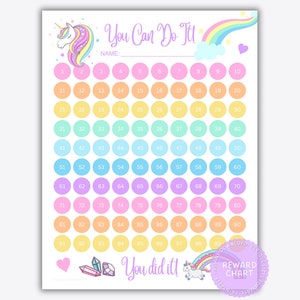 May include: A printable rainbow-colored chart with a unicorn and a rainbow. The chart is titled "You Can Do It!" and has 100 circles numbered 1 to 100. The chart is designed to be used as a reward chart for children.