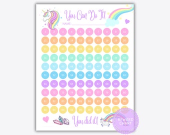 May include: A printable reward chart featuring a unicorn, rainbow, and pastel-colored circles numbered 1 through 90. The header reads You Can Do It! with a space for a name, and the footer includes the text You did it! along with crystal graphics.