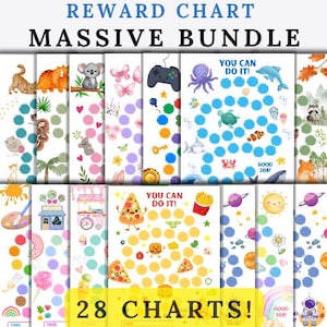 May include: A massive bundle of 28 reward charts featuring various colorful illustrations including animals, space, food, and nature themes. Each chart contains rows of circles for tracking progress, with some charts displaying the text YOU CAN DO IT!