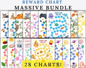 May include: A massive bundle of 28 reward charts featuring various colorful illustrations including animals, space, food, and nature themes. Each chart contains rows of circles for tracking progress, with some charts displaying the text YOU CAN DO IT!