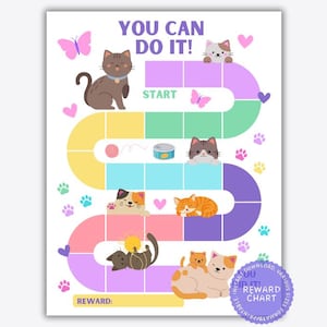 May include: A printable reward chart featuring a colorful path with cats and cat-themed icons. The chart says "You Can Do It!" and has a space for a reward at the bottom.