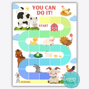 May include: A colorful farm-themed reward chart featuring a winding path with squares, a cow, a chicken, a duck, a sheep, a turkey, a horse, a frog, a rabbit, and a goat. The text reads YOU CAN DO IT! at the top and REWARD: at the bottom.