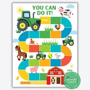 Puede incluir: Un colorido cuadro de recompensas con temática de granja. El cuadro presenta un tractor verde, una vaca, un gallo, un caballo, un cerdo y otros animales de granja. El texto "YOU CAN DO IT!" está en la parte superior. El cuadro está diseñado para niños.