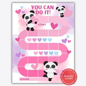 May include: A pink and purple printable reward chart with a panda holding a heart. The chart has the words "You Can Do It!" at the top and "Reward" at the bottom. The chart is designed to help children learn and grow.
