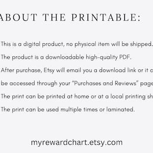 May include: White background with the text "ABOUT THE PRINTABLE:" followed by bullet points describing a digital product. The text includes information about the product being a downloadable PDF and where to access it.