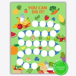 Könnte beinhalten: Ein grüner druckbarer Belohnungs-Chart mit einem blauen Pfad und bunten Lebensmittel-Illustrationen. Der Chart sagt "You Can Do It!" und hat 30 Kreise für Sticker oder Stempel.