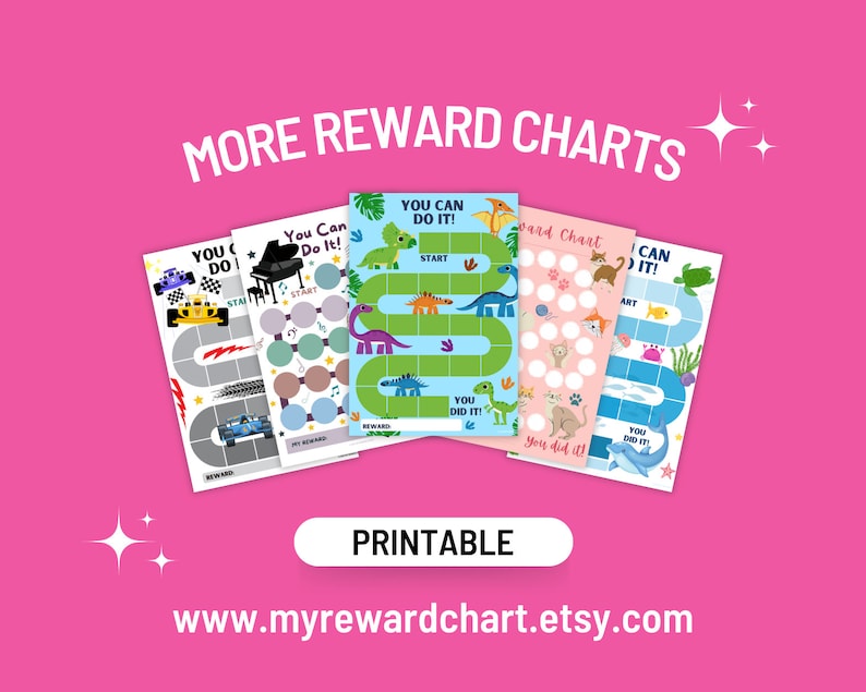May include: A collection of printable reward charts for kids featuring different themes, including cars, music, dinosaurs, cats, and sea creatures. The charts are colorful and engaging, with fun illustrations and motivational messages like "You Can Do It!" and "You Did It!"