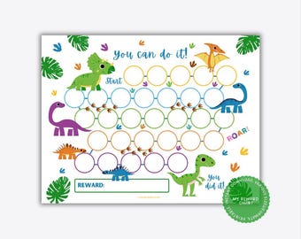 Tabla de entrenamiento para ir al baño con temática de dinosaurios para niños pequeños: tabla de recompensas con pegatinas de dinosaurios, registro de comportamiento imprimible, descarga instantánea.