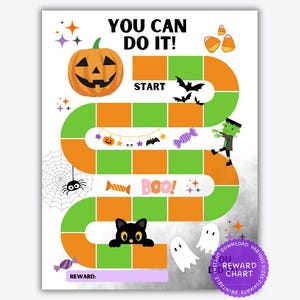 May include: A Halloween-themed reward chart with a pumpkin, bats, and Frankenstein's monster. The chart features a green and orange path with the words "YOU CAN DO IT!" and "BOO!" printed on it. A black cat, spider web, and ghosts are also included.