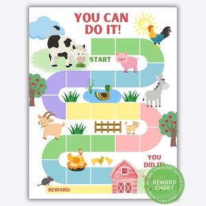 May include: A colorful printable reward chart with a farm theme. The chart features a game board with a path that leads from "Start" to "You Did It!" with farm animals and a red barn at the end. The chart includes a space for a reward.