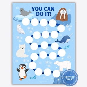 北極の動物のご褒美チャート、冬のステッカーチャート、幼児用トイレ行動チャート、子供の家事、習慣トラッカー、ペンギン、イッカク、ホッキョクグマ