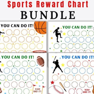 May include: A bundle of sports reward charts with basketball, soccer, football, and baseball themes. Each chart features a silhouette of an athlete, the text "YOU CAN DO IT!", and a series of circles for tracking progress. The text "YOU DID IT!" is also included.