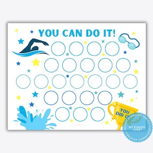 May include: A blue and yellow printable reward chart with the text "You Can Do It!" and a swimmer icon. The chart has 25 circles for marking progress.