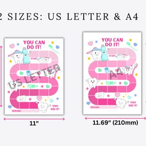 May include: A pink and white printable game board featuring a tooth character and the text "You Can Do It!" The game board is designed for children to learn about dental hygiene. The board measures 8.5 inches by 11 inches.