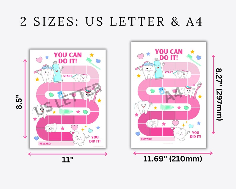 May include: A pink and white printable game board featuring a tooth character and the text "You Can Do It!" The game board is designed for children to learn about dental hygiene. The board measures 8.5 inches by 11 inches.