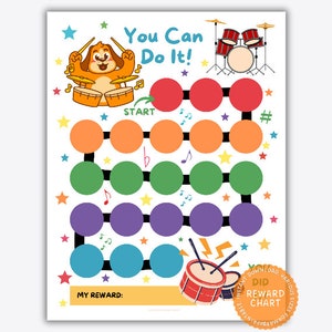 Op de afbeelding: Een printbare beloningskaart met een cartoonhond die drums speelt. De kaart heeft een kleurrijk pad met cirkels om in te kleuren terwijl een kind taken voltooit. De tekst "You Can Do It!" staat bovenaan de kaart. De tekst "My Reward:" staat onderaan de kaart.