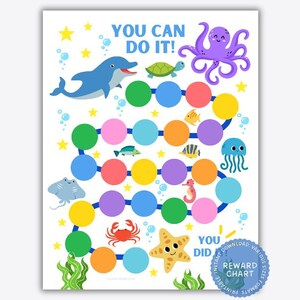 Może przedstawiać: Kolorowa, oceaniczna tabela nagród z niebieskim delfinem, fioletowym ośmiornicą, zielonym żółwiem, żółtą gwiazdą morską, czerwonym krabem i niebieską meduzą. Tabela ma niebieską ścieżkę z kółkami w różnych kolorach. Tekst "You Can Do It!" znajduje się na górze tabeli, a "You Did It!" na dole.