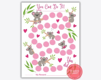 Tabla de recompensas imprimible con temática de koalas: Comportamiento infantil y entrenamiento para ir al baño (PDF)